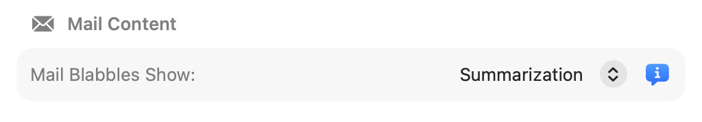 Mail Content setting showing Mail Blabbles Show: Summarization