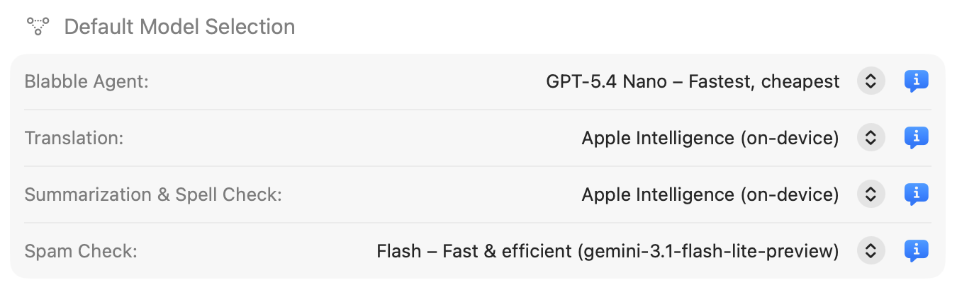 Default Model Selection showing Blabble Agent, Translation, Summarization, and Spam Check models
