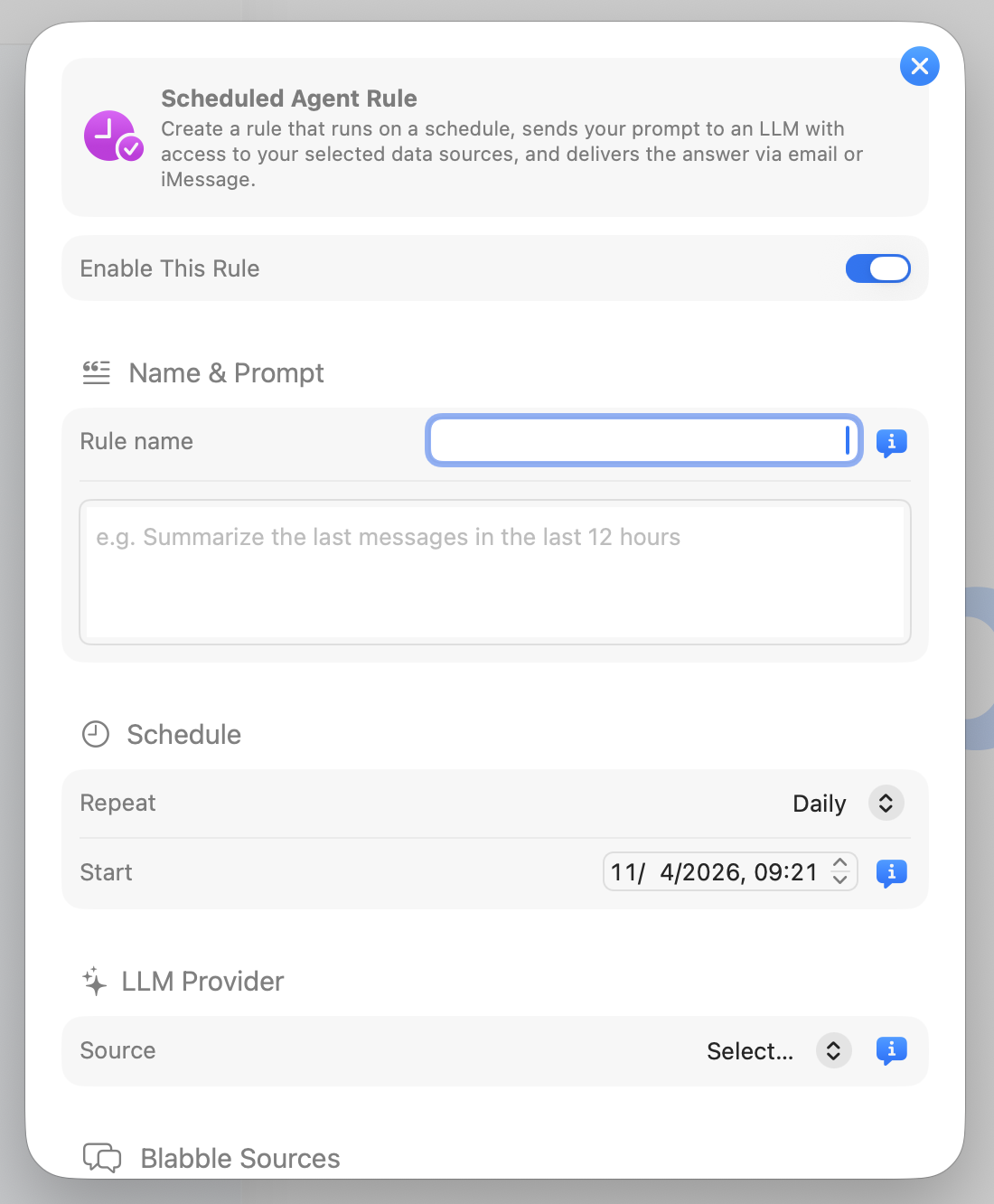 Agent Rule settings showing name, prompt, schedule, and LLM provider