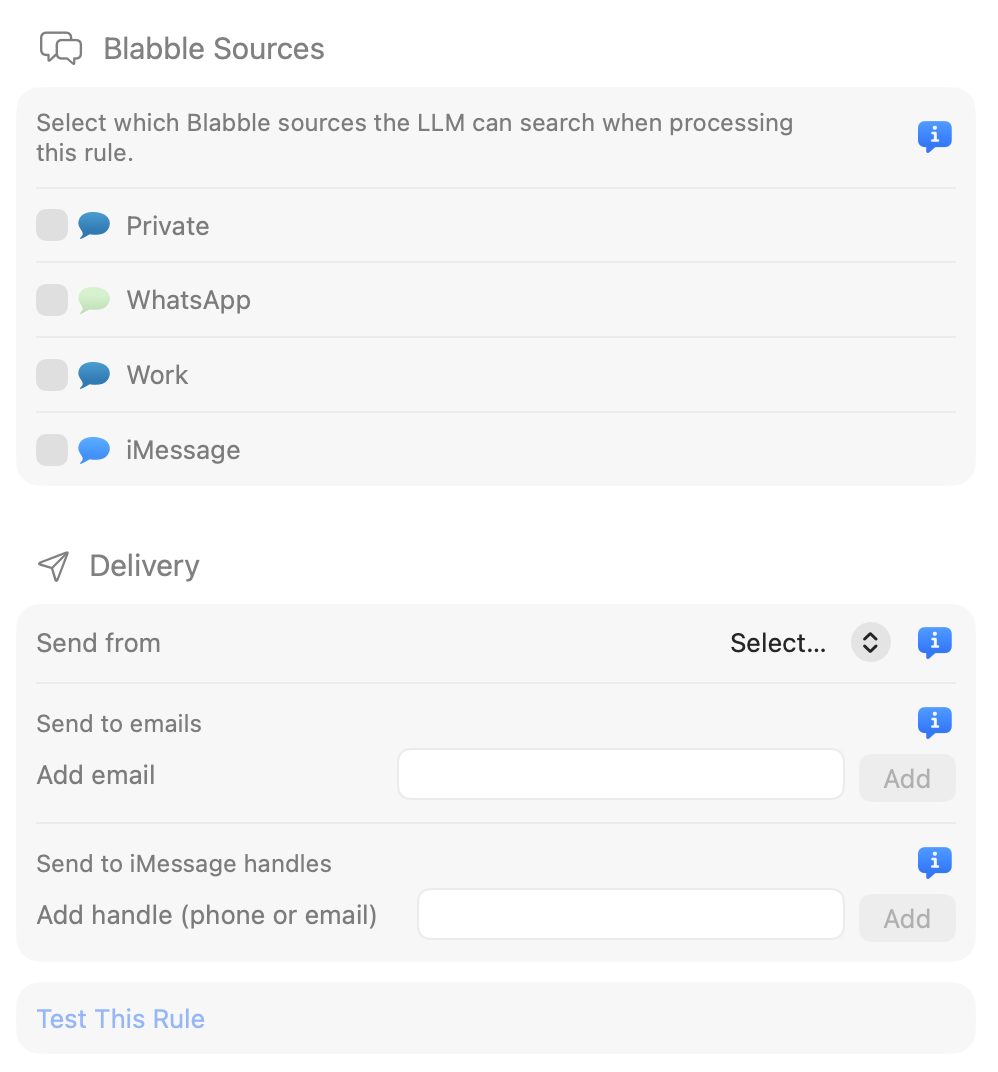 Agent Rule settings showing source selection, delivery options, and test button